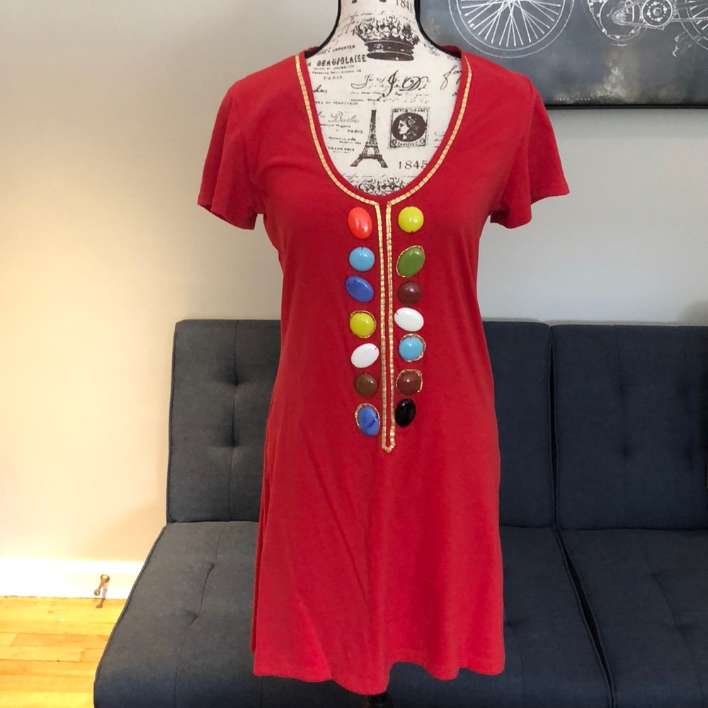 T-Bags Dress with Multi-Color Gem Stones—Red—Size Medium